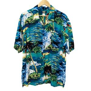 Vintage Utility Hawaiian Shirt MenTropical Beach Palm Trees Colorful Sz Large